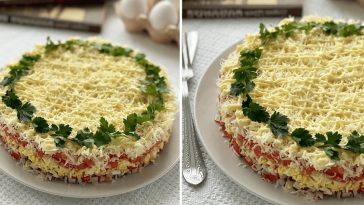 Салат з крабовими паличками слоями. Ви тільки подивіться на цю подачу, красивіше ніж Мімоза