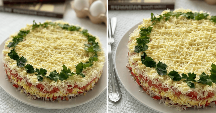 Салат з крабовими паличками слоями. Ви тільки подивіться на цю подачу, красивіше ніж Мімоза