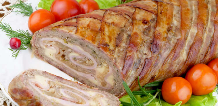 Рулет із фаршу, загорнутий у бекон – швидкий і смачний рулет з шинкою, сиром, цибулею та часником