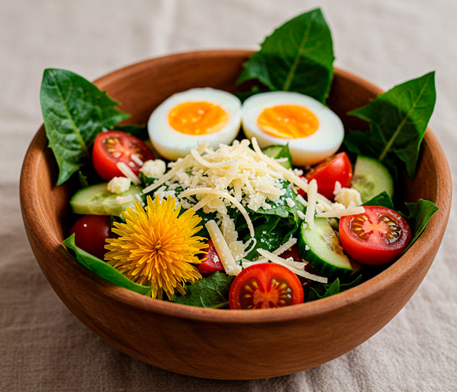 Салат із листя кульбаби з яйцем та гірчичною заправкою
