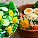 Салат із листя кульбаби з яйцем та гірчичною заправкою