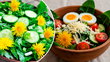 Салат із листя кульбаби з яйцем та гірчичною заправкою