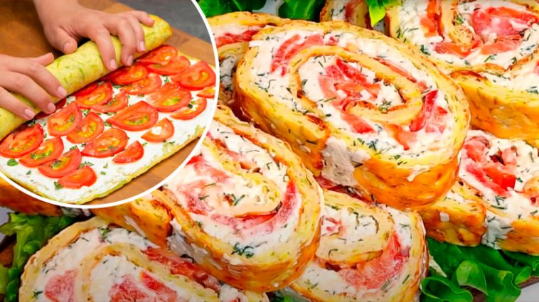 Кабачковий рулет з сирною начинкою та томатами