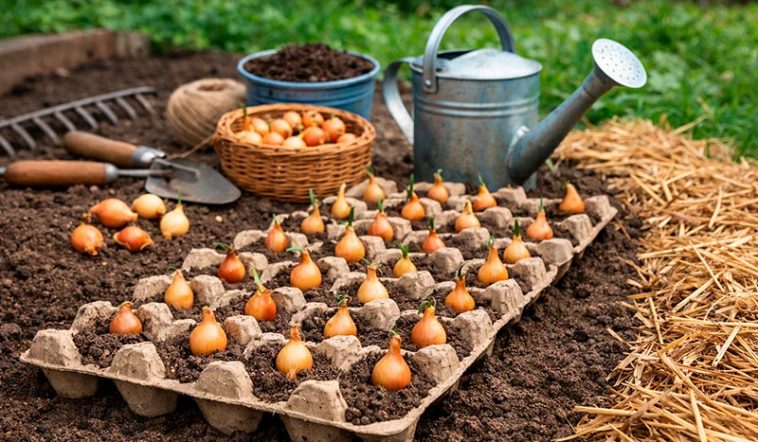 Посадка цибулі в лотках з-під яєць: простий метод рівних грядок і щедрого врожаю